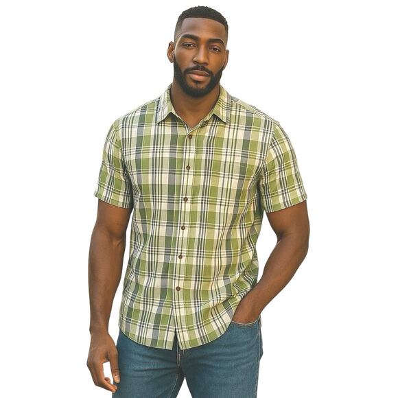 Horny Toad Green and Grey Plaid Short Sleeve Button Down -L - Picture 1 of 11
